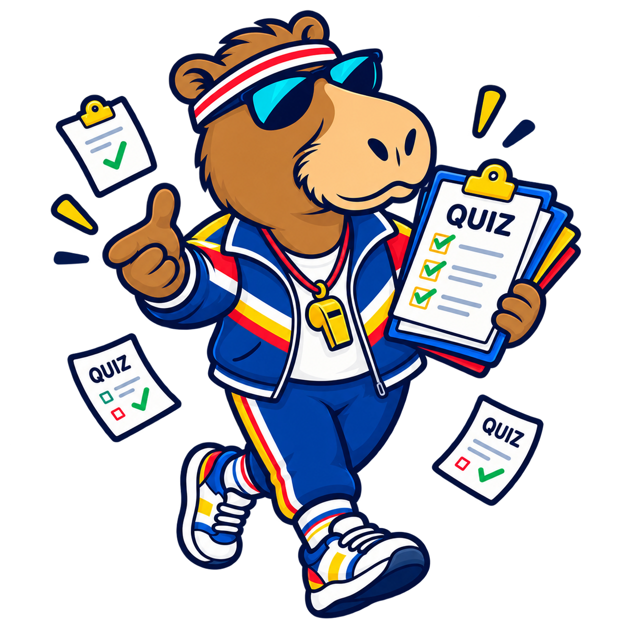 KapiBara quizcoach met quizbladen en een duim omhoog